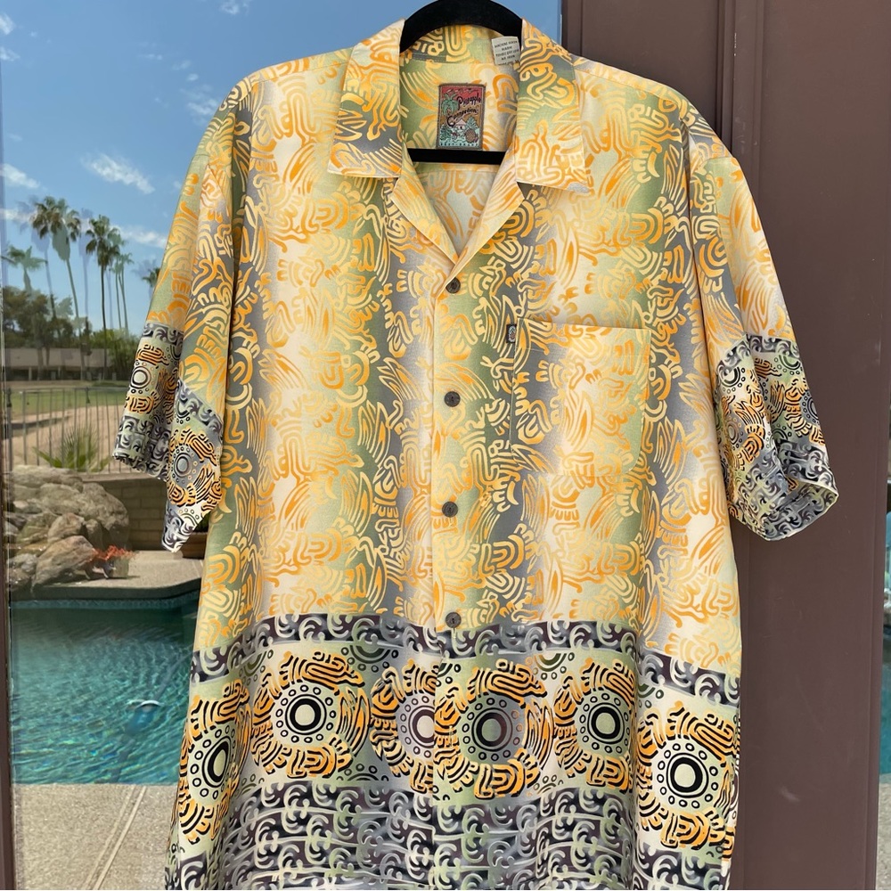 Pineapple Connection Orange/Yellow/Grey Hawaiian Tribal Shirt L